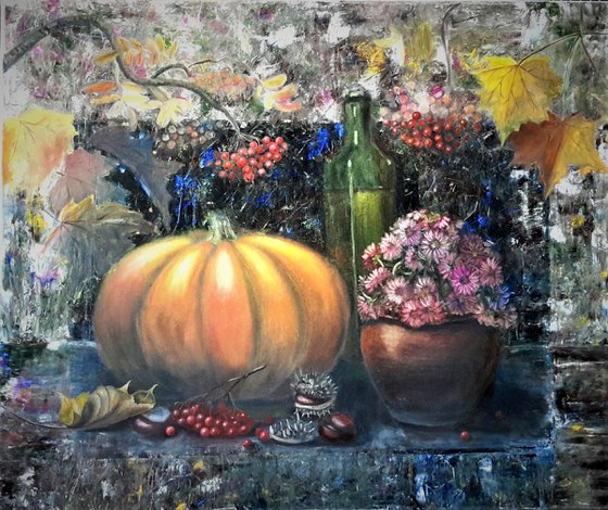 Autumn motives - a bright pumpkin in a dignified environment, oil painting, home decor, an original gift, an autumn still life.