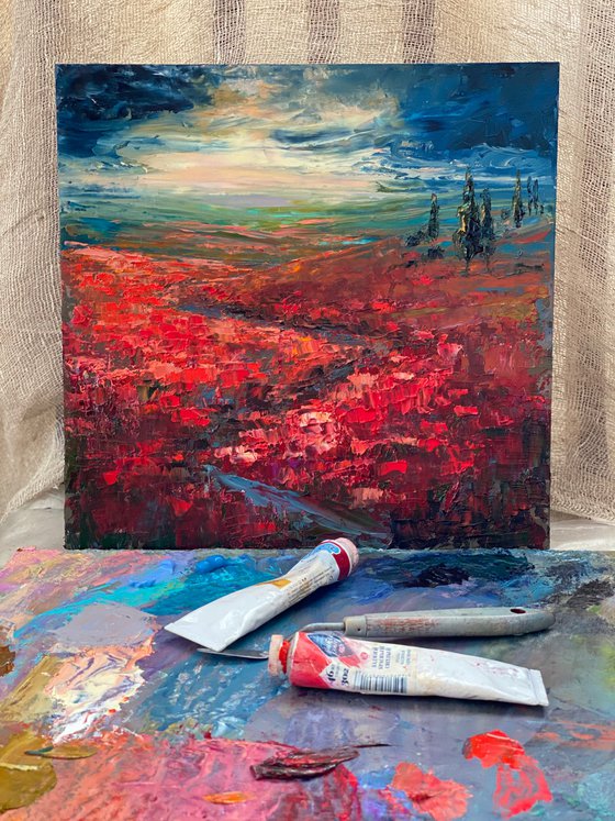 Red paradise. Poppies. Impasto paint.