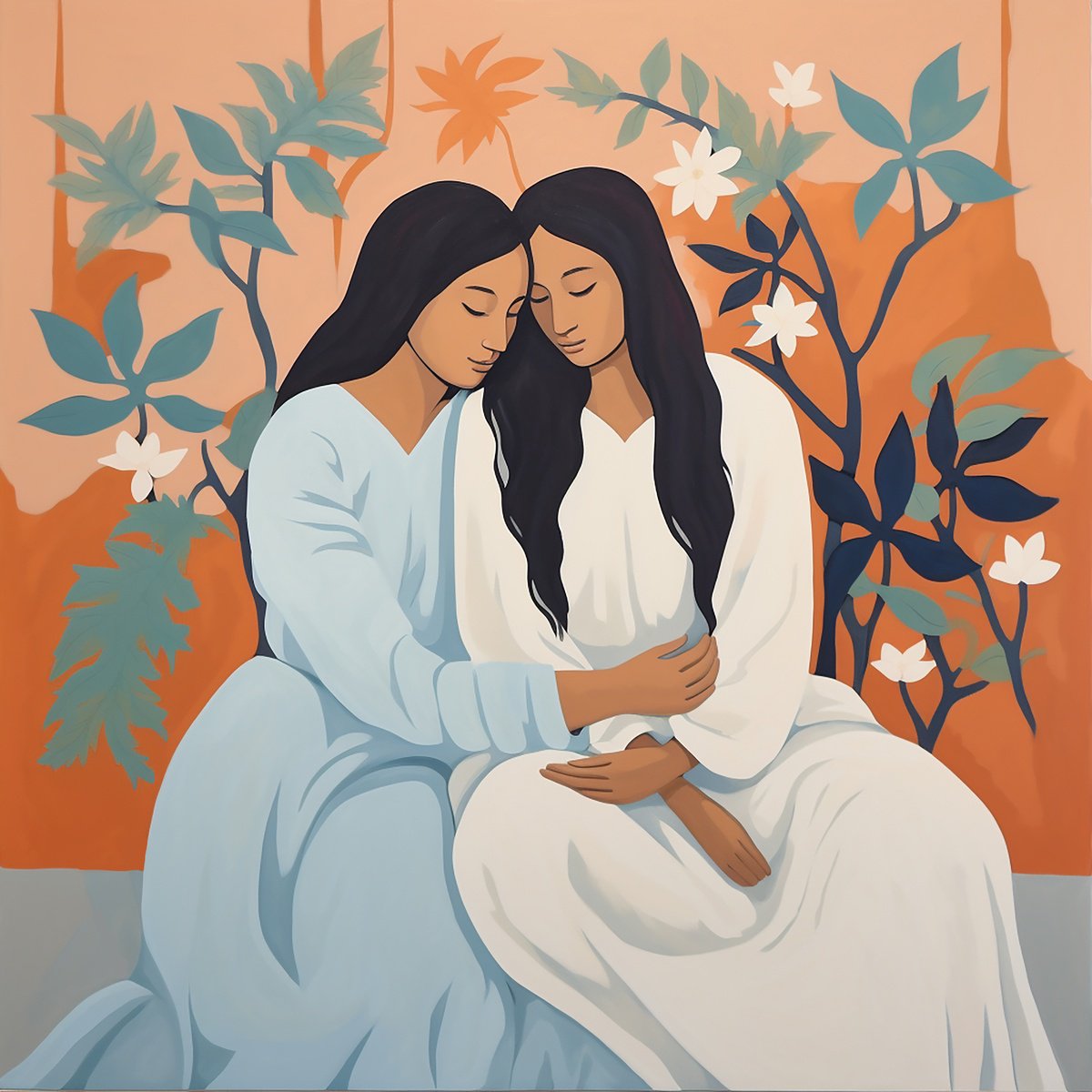 Impressionistic Portrait Acrylic Painting By Kosta Morr, 31 X 31", Sisters, Original Artwork