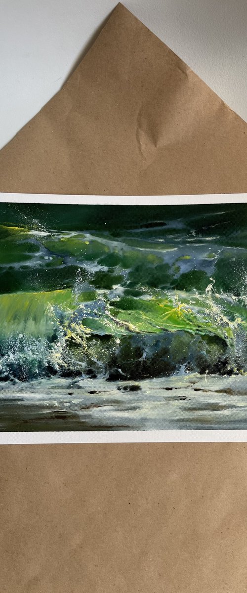 Green wave original oil painting by Myroslava Denysyuk
