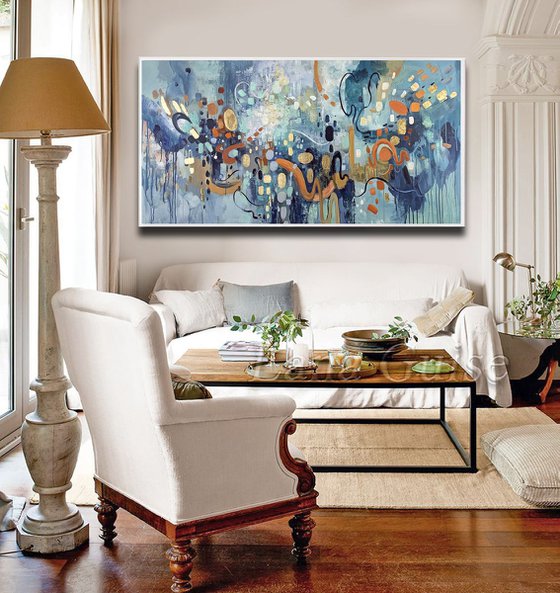 Finding Daylight - Abstract Painting 60" x 30" Large Abstract Gold Leaf Soft Colors White Gray Painting