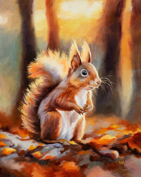 Red squirrel in autumn forest