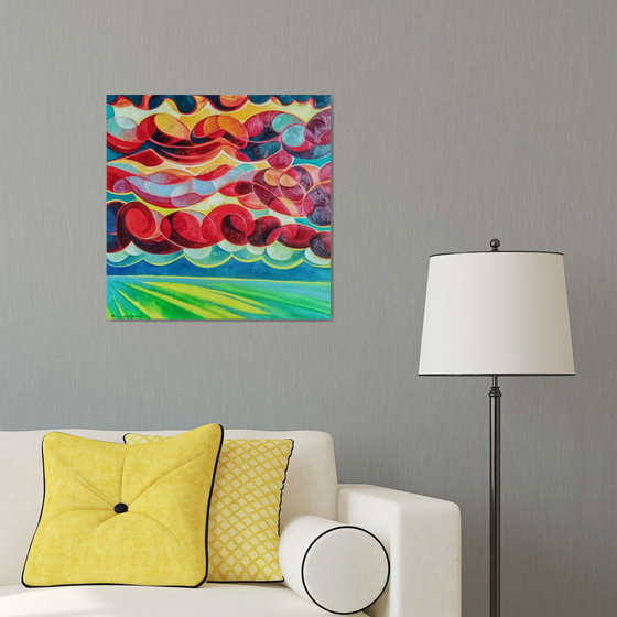 Sunset (60x60cm, cubism, oil painting, ready to hang)