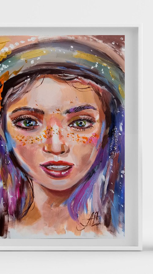 Colorful portrait with a girl. Original oil painting by Annet Loginova