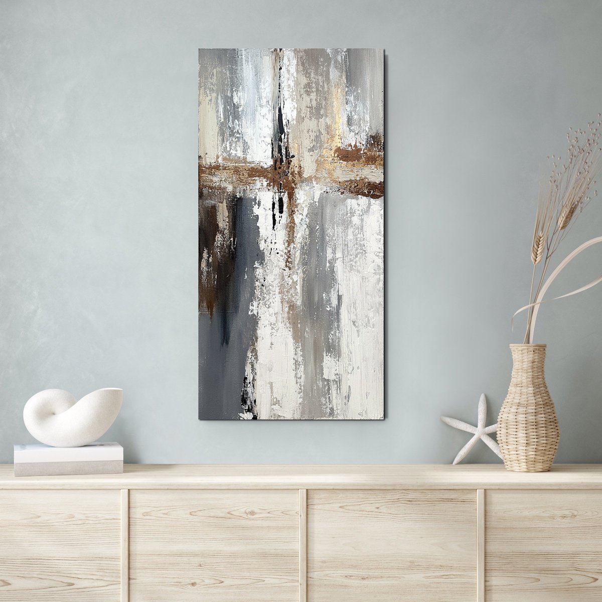 Expressive Abstract Acrylic Painting By Tatiana Malinovscaia, 16 X 31", Intersection Of Golden, Original Artwork