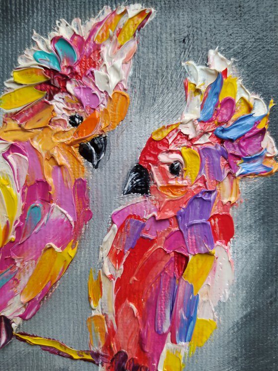 Birds in love - parrots oil painting,parrots, birds love, love, postcard size, birds, animals oil painting, art bird, gift.