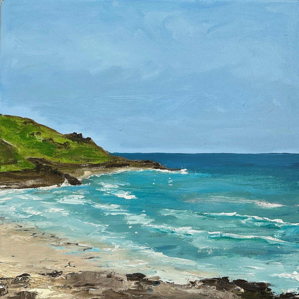 Expressive Oil Painting , Porthmeor Beach From The Island, Summer Day By Ann Palmer, 24 X 24, Artwork For Sale On Artfinder