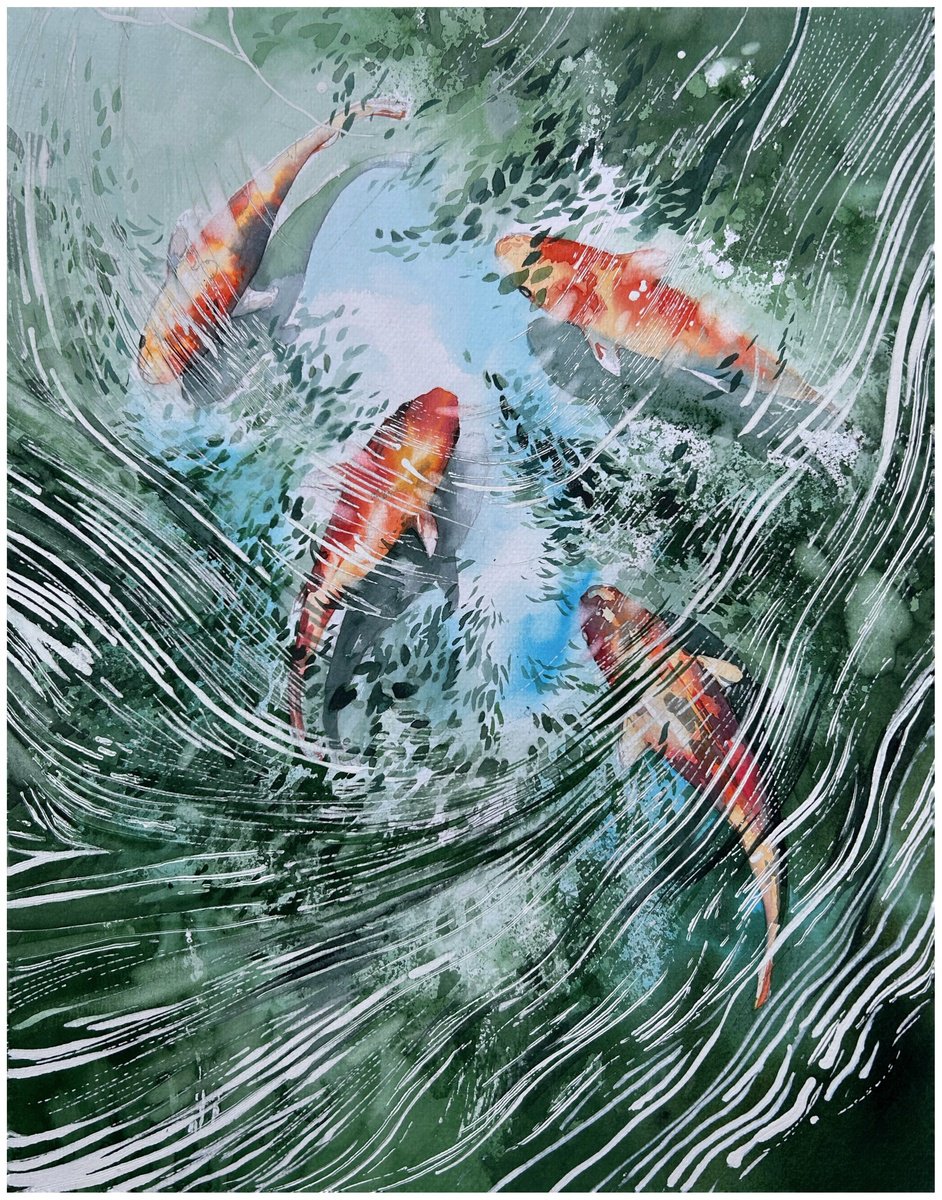 Impressionistic Landscape Watercolour By Nazar Grunyka, 12 X 15", Dance Of The Koi, Original Artwork