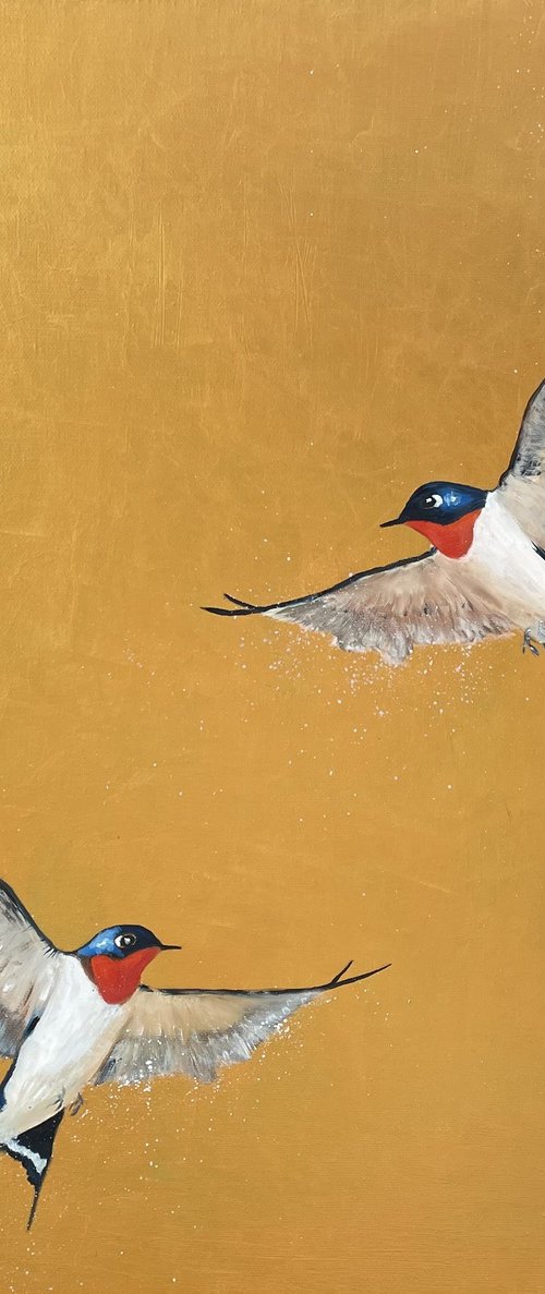 Two Swallows on Gold by Laure Bury