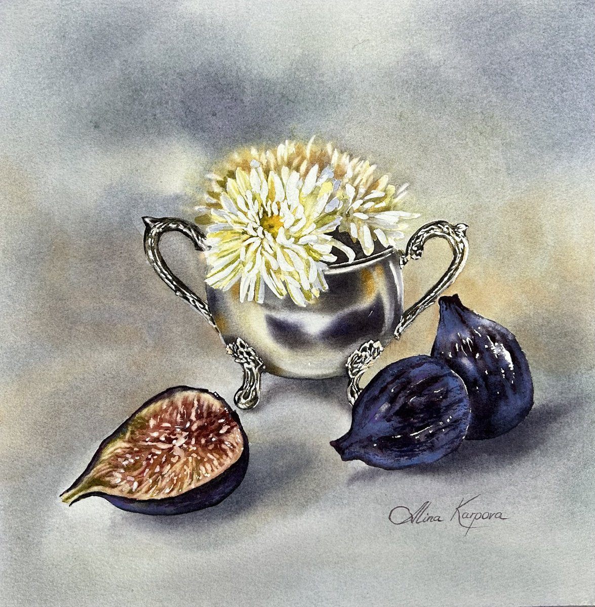 Photorealistic Still Life Watercolour By Alina Karpova, 10 X 10, Figs And Daisies, Original Artwork