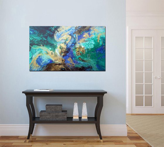 Αbstract painting art blue green gold metallic - Deep river