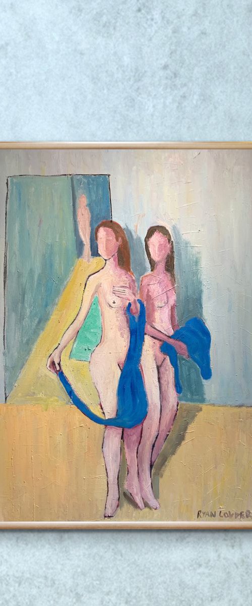 Three Nude Women and Two Blue Towels by Ryan  Louder