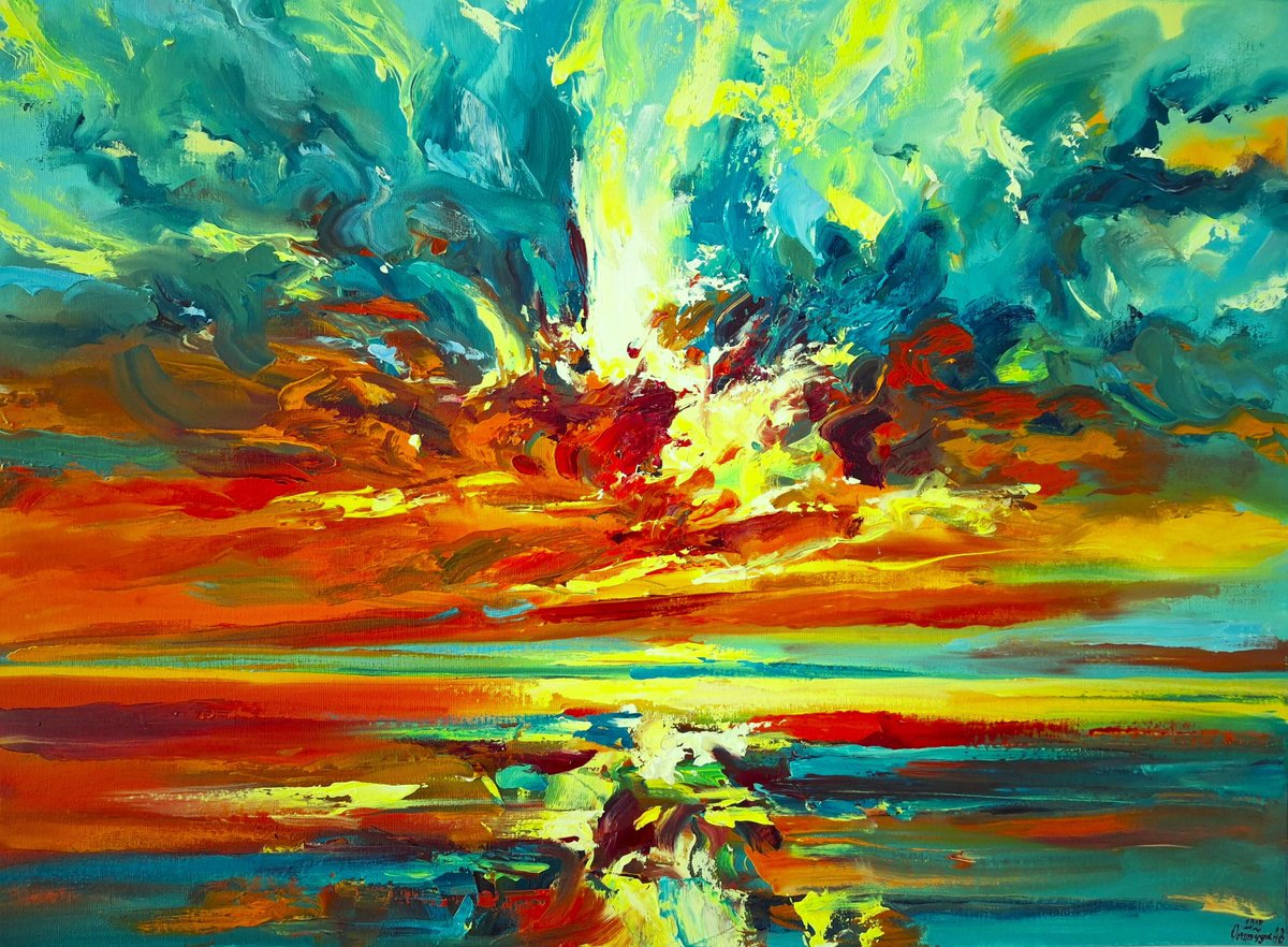 Abstract Landscape Oil Painting By Andrej Ostapchuk, 31 X 24, Rays Of Hope, Original Artwork
