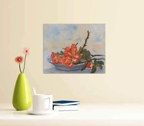 Orange roses in a bowl, An original still life oil painting