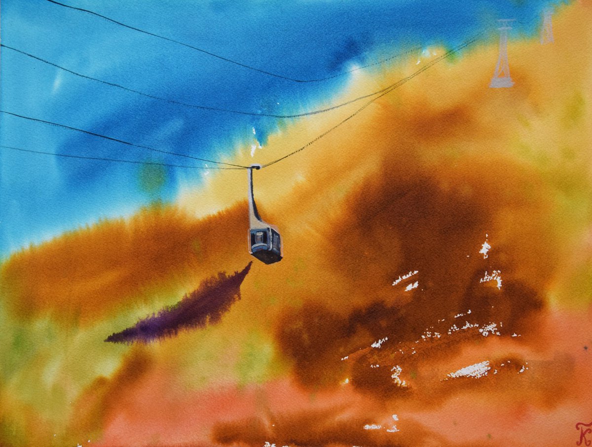 Mountain cable car watercolor painting, volcano landscape original artwork by Kate Grishakova