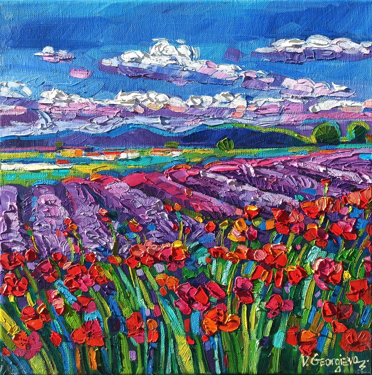 Expressive Landscape Oil Painting By Vanya Georgieva, 16 X 16", Day Sky Fields, Original Artwork