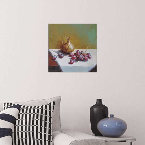 "Still life with grapes and an old brass jug." still life grapes old brass jug summer  liGHt original painting  GIFT (2020)