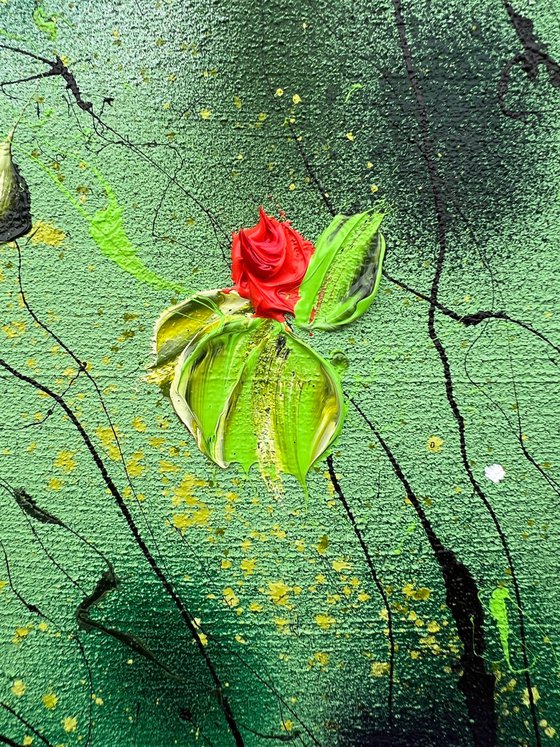 "Akai Hanabira" modern textured green floral painting