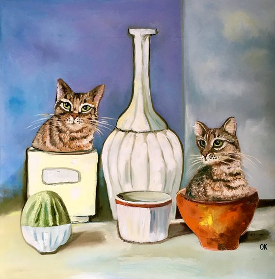 2 Troys ( Probably Twins) Cats and Giorgio Morandi vases and bottles