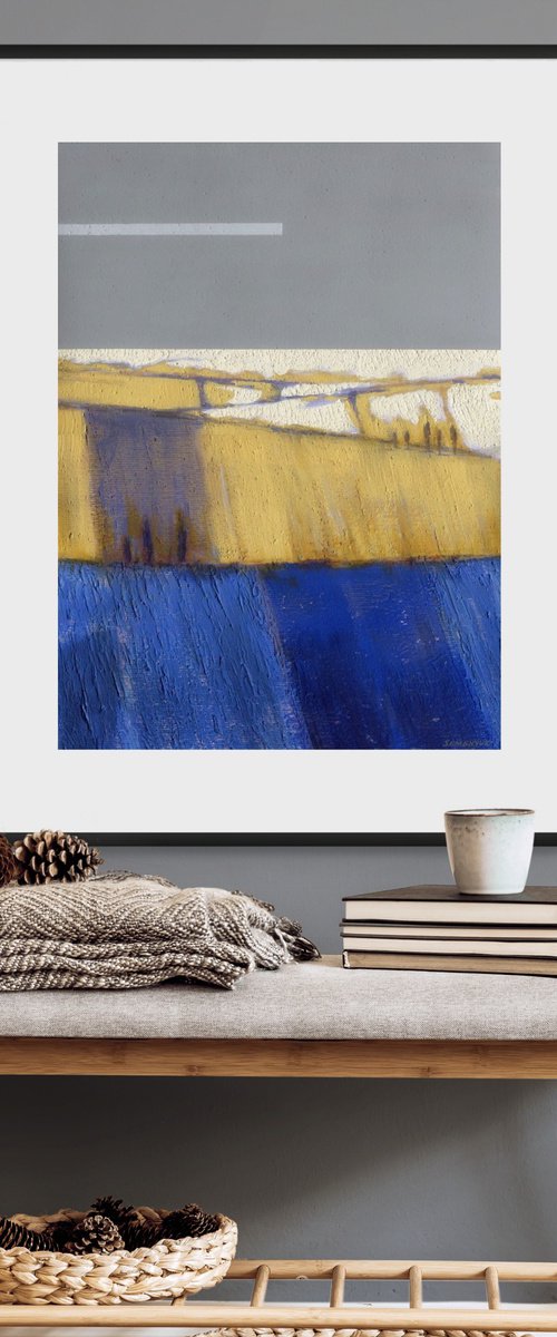 Blue, Ochre and Gray Abstract by Evgen Semenyuk
