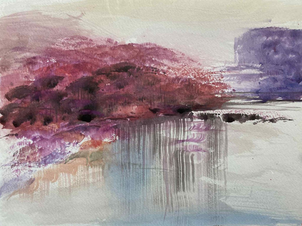 Impressionistic Landscape Watercolour By Samah Kthar, 14 X 11", Purple Rain, Original Artwork
