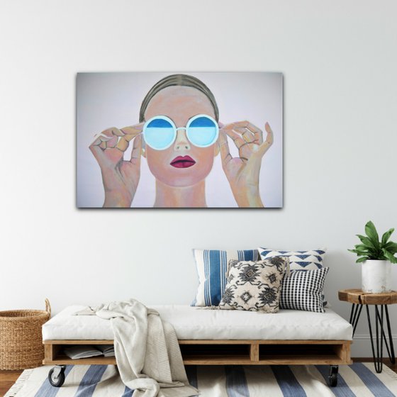 Extra large  painting, Girl with sunglasses / 140 x 90 x 5 cm