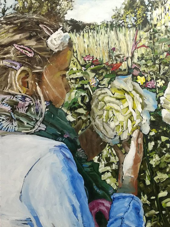 Gentle touch - impressionistic painting with girl touching the rose