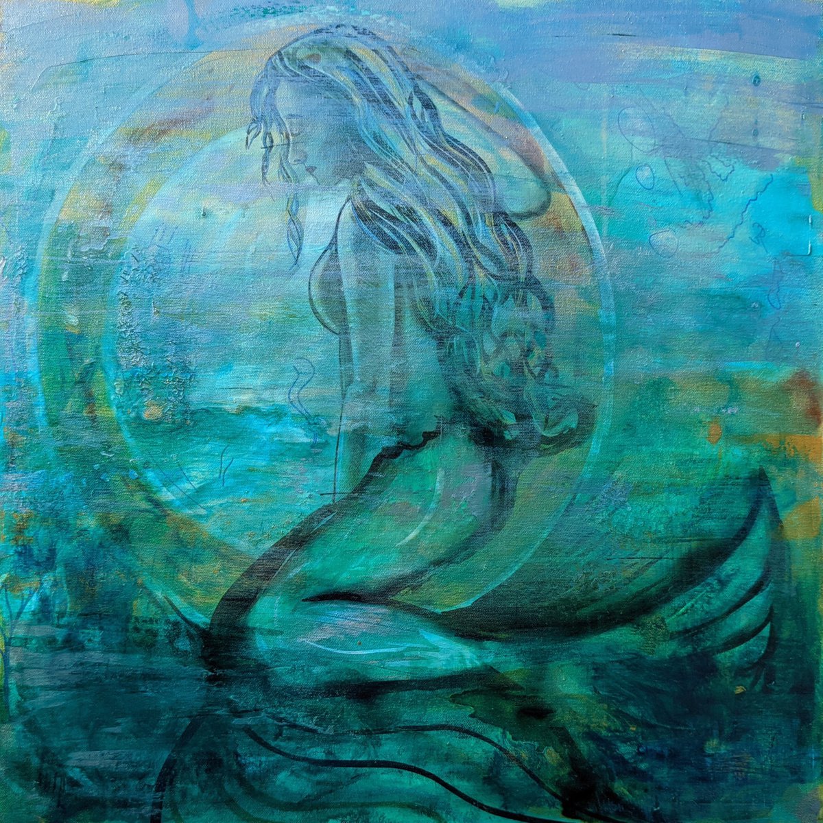 If Only, original Mermaid painting, green and gold, underwater by Dianne Bowell