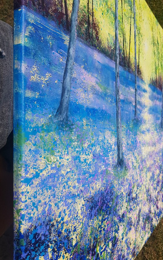 Blue Tranquility (Large Bluebell Woods painting, large trees painting)