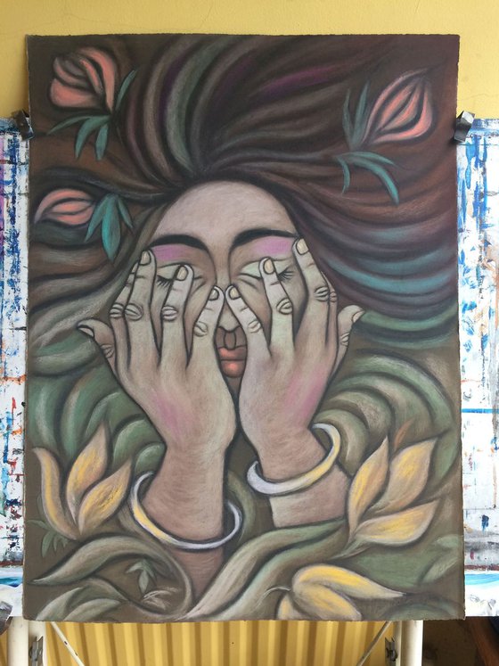 The Hidden Face of Eve (Woman with closed Eyes, Strong Hands) large pastel