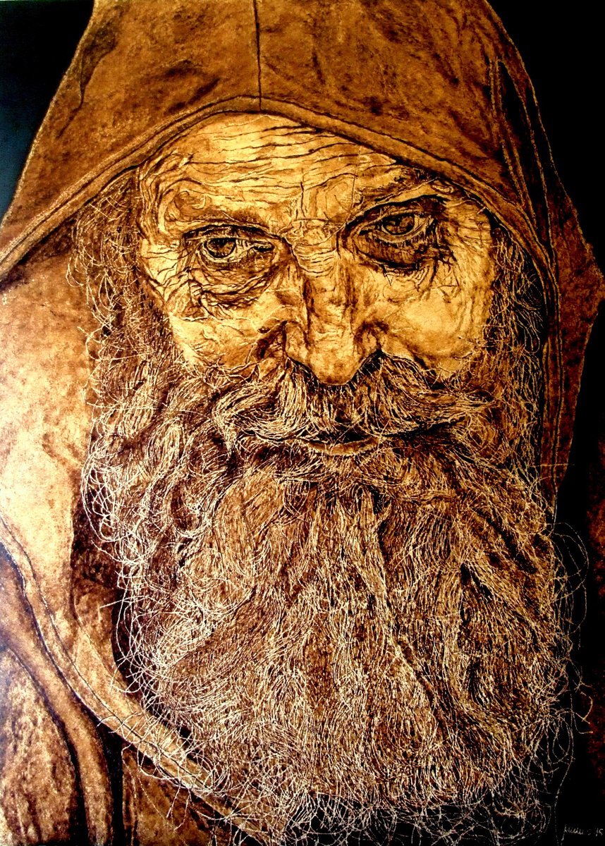 Expressive Portrait Painting By Milis Pyrography, 20 X 28", Humility, Original Artwork