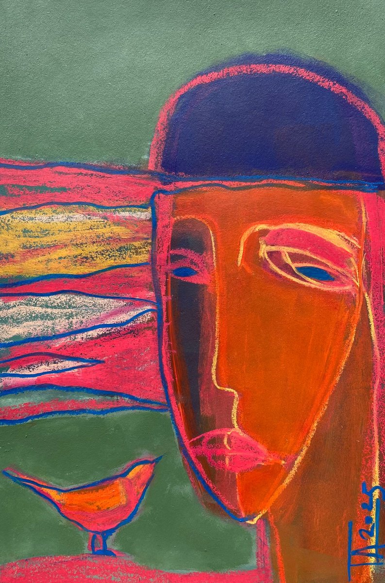 Expressive Portrait Pastel Drawing By Tatjana Auschew, 13 X 20", North Wind., Original Artwork