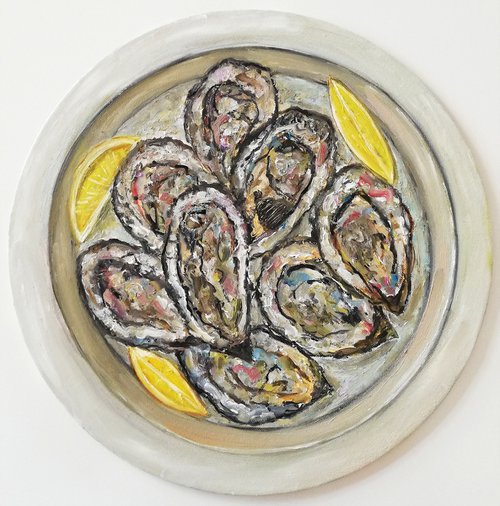"Oysters in a Plate" Original Oil on Round Canvas Board Painting 12 by 12 inches (30x30 cm) by Katia Ricci