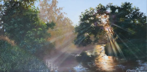 Original Landscape Painting with River Reflections, Woodland Scene Wall Art with Sunlight Through Trees, River Canvas Art with Misty Morning Atmosphere