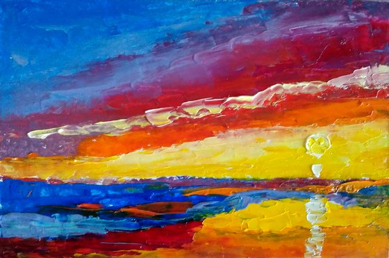 Sunset Oil Painting Seascape Original Art Abstract Artwork Landscape Small Wall Art