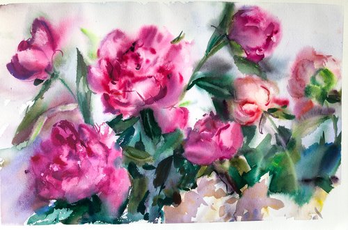 Peonies water color painting by Nataliia Nosyk