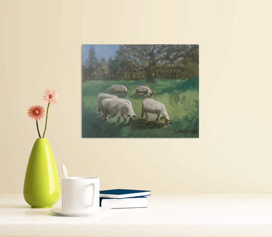 Sheep in an orchard painting