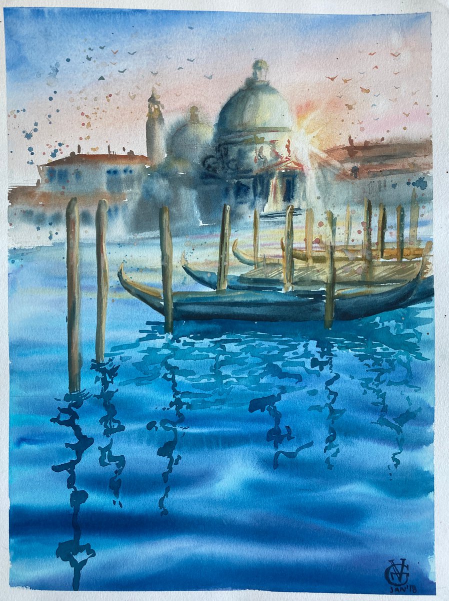 Impressionistic Landscape Watercolour By Valeria Golovenkina, 12 X 16", Morning In Venice, Original Artwork