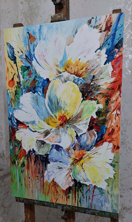White flowers (60x90cm, oil/canvas, palette knife)