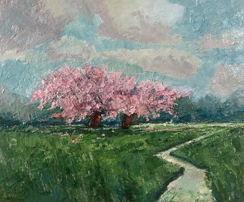 Blossoming by the creek, landscape oil by Padmaja Madhu