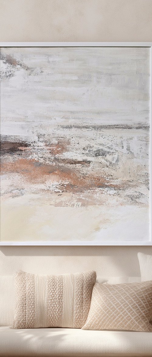 "Glow 2" White brown abstract textured art by Alex
