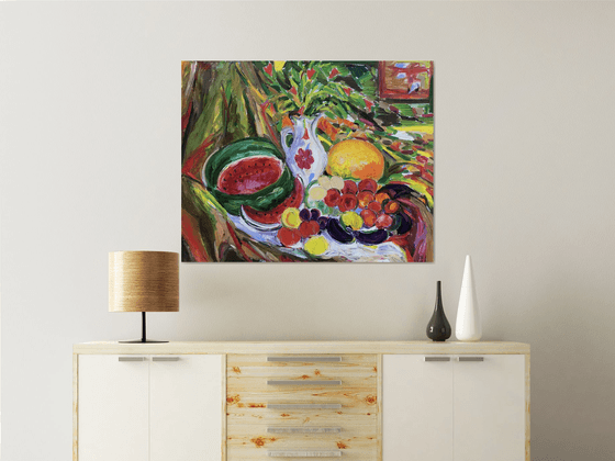 STILL LIFE WITH A JUG AND FRUIT - Still- life with fruits, kitchen restaurant dining room, Christmas gift