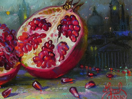 "City pomegranate" Original art Oil on canvas Contemporary home decor