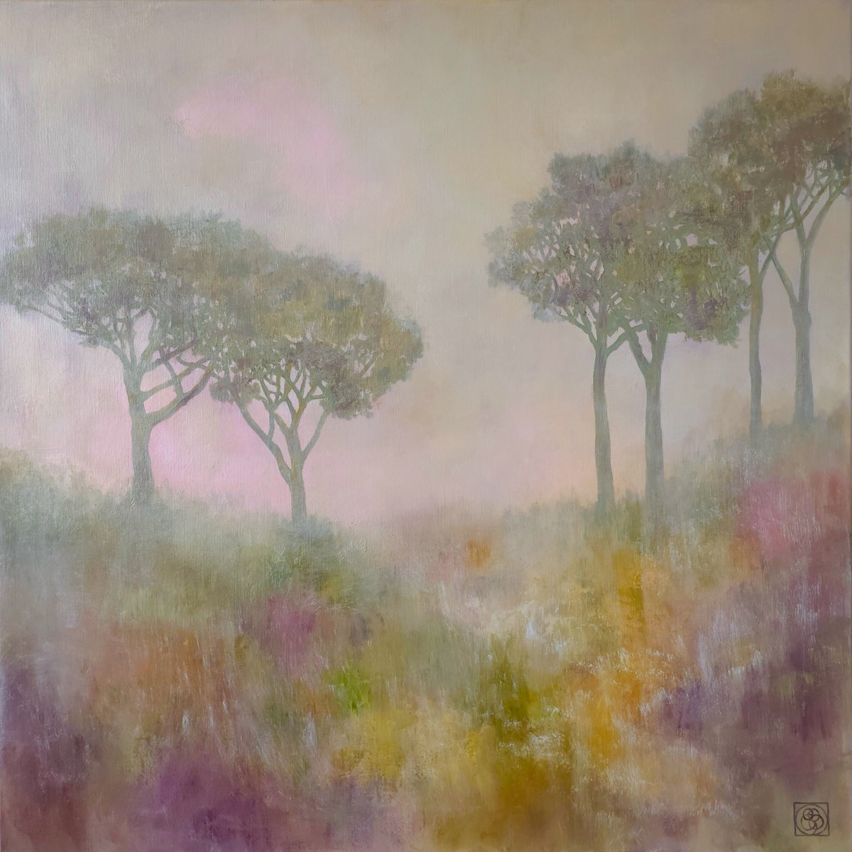 Impressionistic Landscape Oil Painting By Katia Bellini, 31 X 31", Woodland Scene Ii, Original Artwork