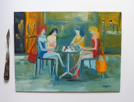 GIRLS PRETTY FASHION MODELS, RED WINE, RESTAURANT, Blue Pink Yellow Red Dresses. Original Female Figurative Oil Painting. Varnished.