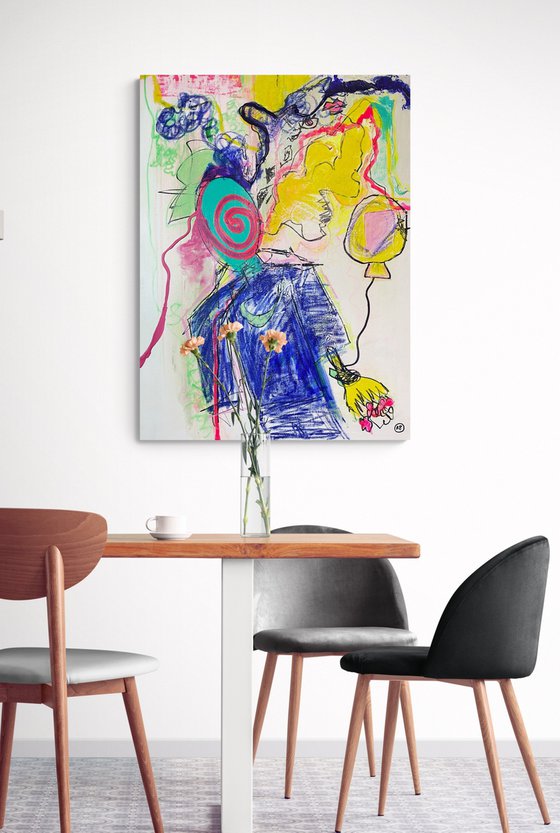 MAN AND BALLOONS, BRIGHT COLORS, 60*80CM, COLOR ABSTRACT