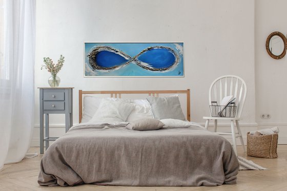 Infinity - abstract acrylic painting, canvas wall art, blue, black, white gold, framed modern art