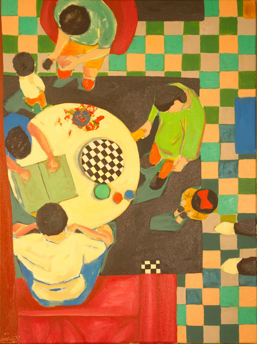 Expressive Portrait Oil Painting By Anahita Amouzegar, 19 X 25, Game Night In Lorne, Original Artwork