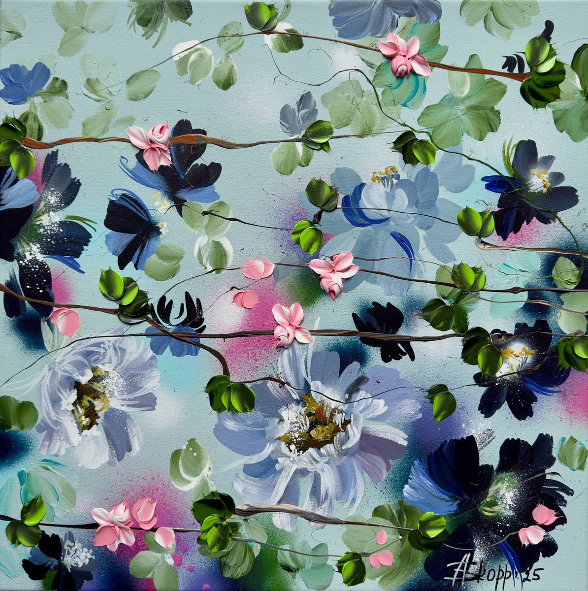 Impressionistic Botanical Acrylic Painting By Anastassia Skopp, 24 X 24, Small Garden, Original Artwork