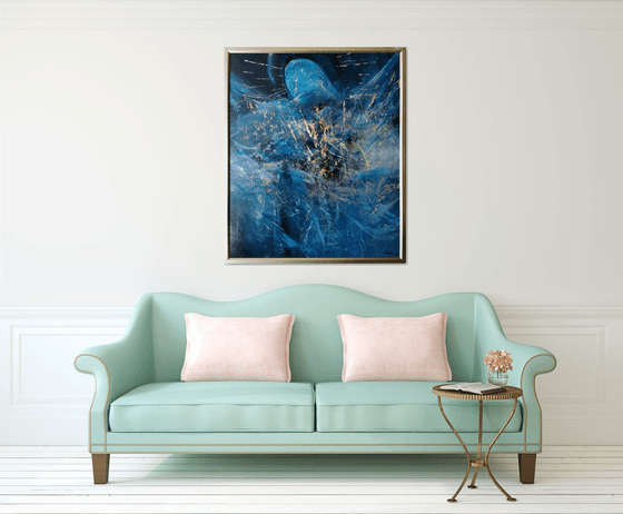 Large framed masterpiece dark blue angel series painting by KLOSKA